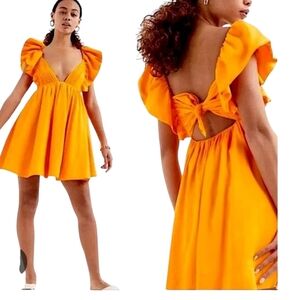 MASKAZU Womens Orange Ruffle Mini Babydoll Dress Butterfly Tie Back Size S NWT